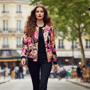 TanJay Floral Zip Front Jacket Pink Black Sequins Petite M